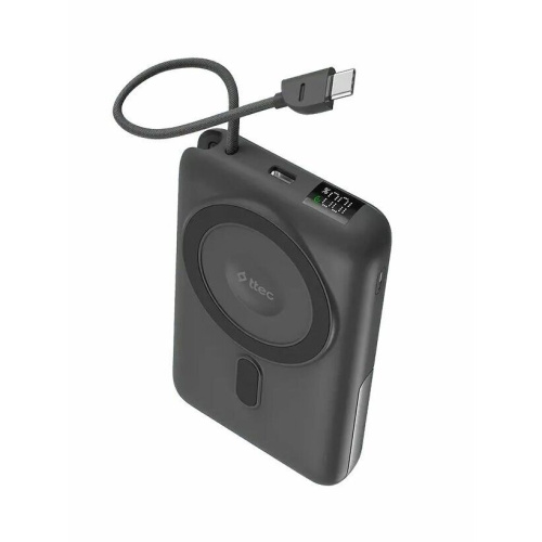 Внешний аккумулятор беспроводной TTEC 2BB230GR Recharger M LCD 10000 mAh. MagSafe PD 20W Powerbank с кабелем USB-C и подставкой серый