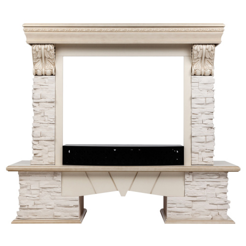 Портал каминный из МДФ RealFlame Rockland Lux белый, белый дуб с патиной, белый камень