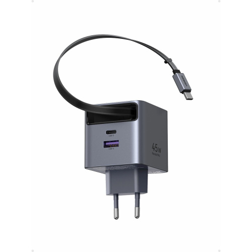 Сетевое зарядное устройство UGREEN X614 (65822) 45W GaN Fast Charger USB-C USB-A with Retractable Cable USB-C серый космос
