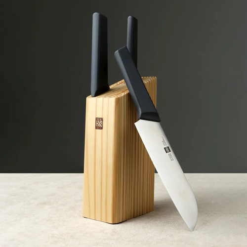 Набор стальных ножей HuoHou HU0059 Black RUS 3 ножа+деревянная подставка из сосны черный