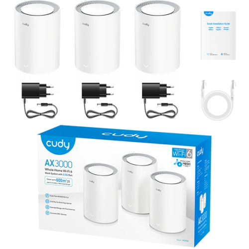 Mesh-система Cudy M3000(3-Pack) V2 2,5-гигабитная Wi-Fi 6 AX3000, 2,4/5ГГц, до 2976Мбит/с, LAN 1x1Гбит/с
