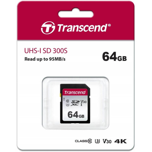 Карта памяти Transcend TS64GSDC300S SDXC 300S, 64GB UHS-I Class U3 V30