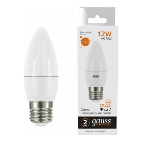 Лампа Gauss Elementary (30212) светодиодная 12Вт цок. E27 свеча 220B 3000K св.свеч.бел.теп. (упак. 10шт)