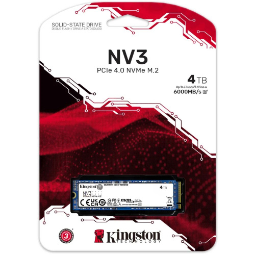 SSD Kingston NV3 SNV3S/4000G, 4000GB, M.2(22x80mm), NVMe, PCIe 4.0 x4, R/W 6000/5000MB/s, TBW 1280, DWPD 0.3